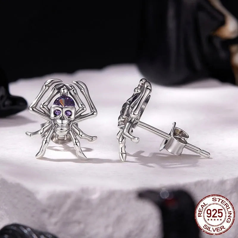 Halloween skull spider stud earrings in S925 sterling silver with zircon inlay, SCE1964 colour, pair of earrings
