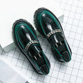 Glossy patent leather thick sole chunky heel loafers in green, round head, rubber non-slip sole, side view