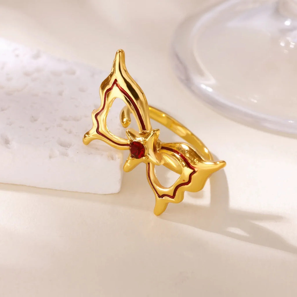 Ice blue oil drop butterfly open ring in copper with electroplated finish