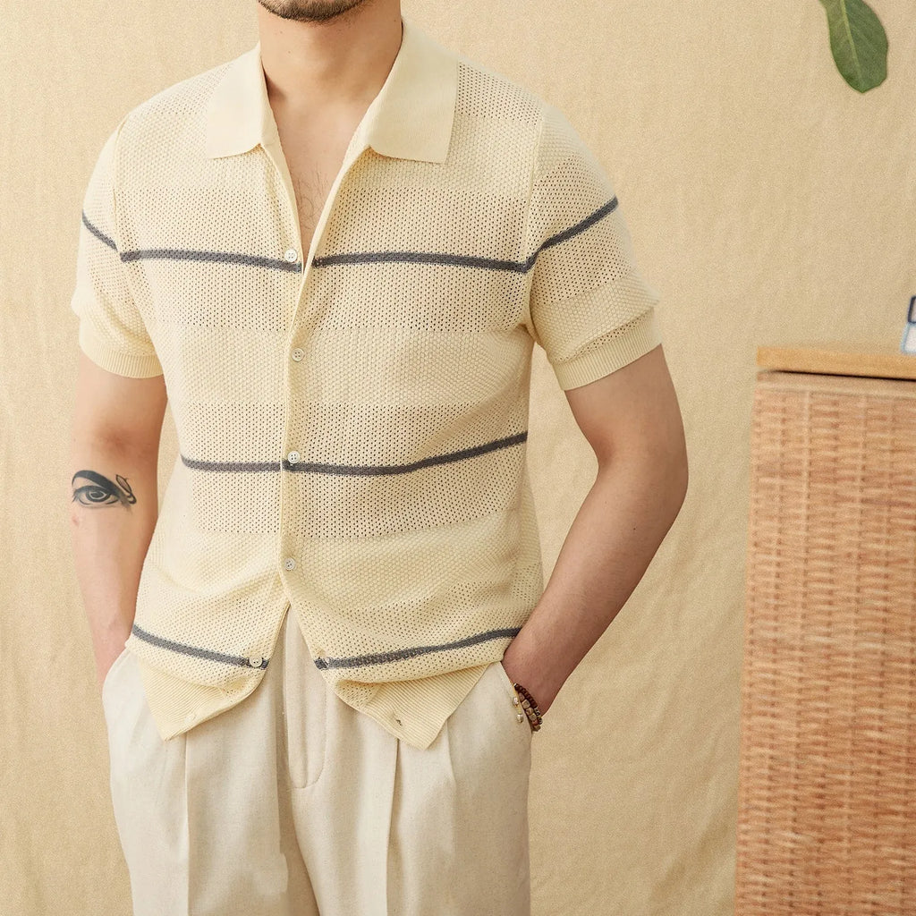 Camel coloured lapel collar short sleeve knitted cardigan made from linen and cotton blend fabric.