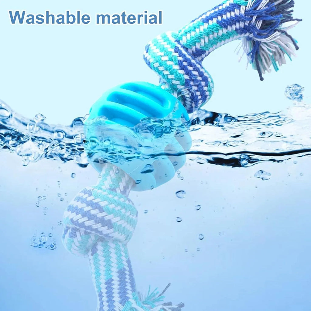 Blue dog chew toy with molar design and rope elements for teeth cleaning and interactive play