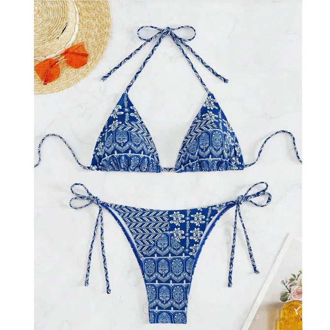 Women's split bikini swimsuit with bandage briefs and decorative printing in polyester fabric