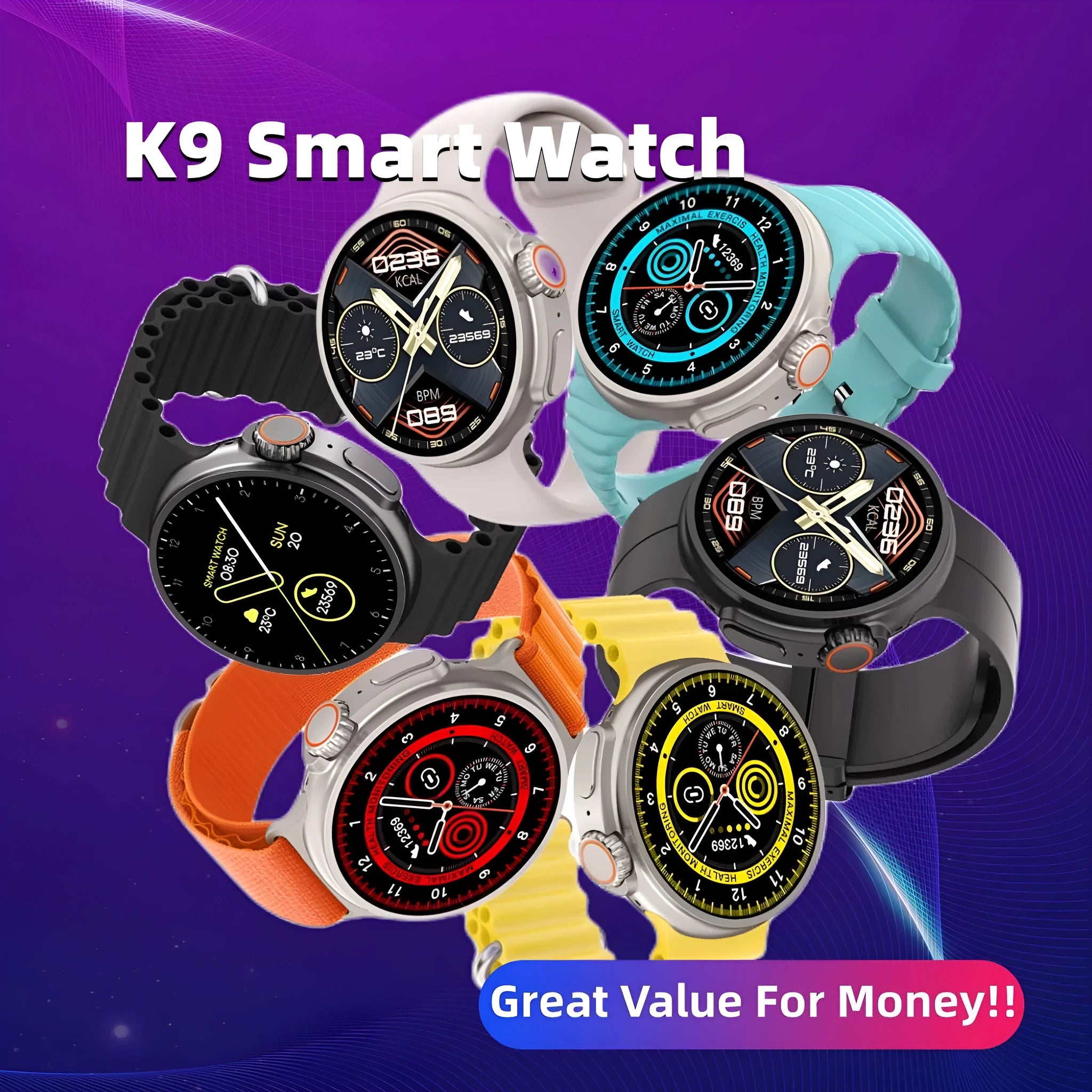 K9 smart watch with round screen and silicone strap shown on wrist