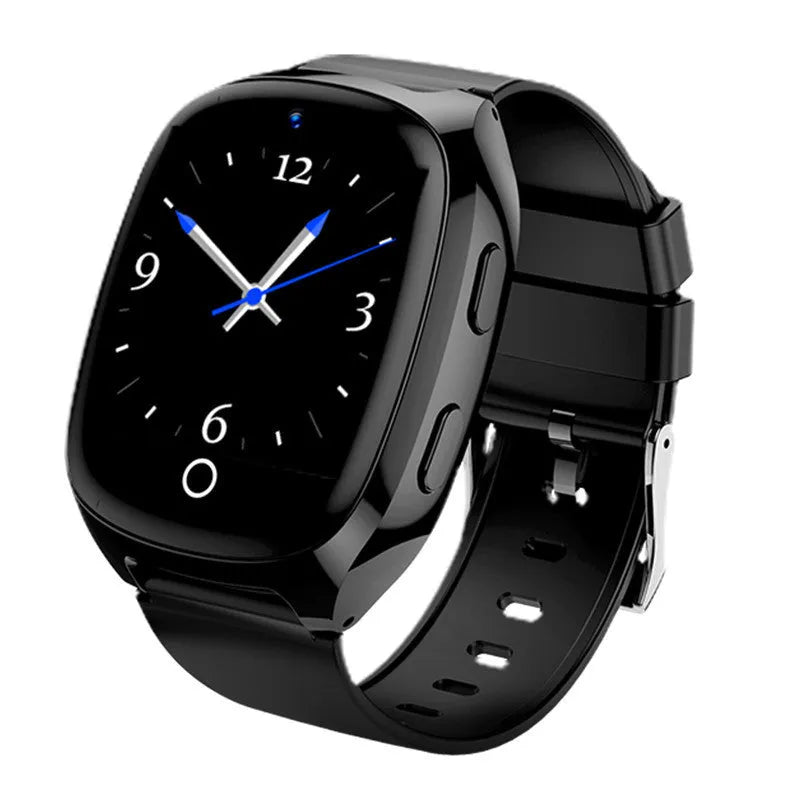 Black GPS tracker phone watch with 1.54-inch touch screen showing SOS and heart rate monitoring features.