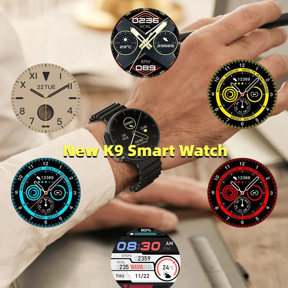 K9 smart watch with round screen and silicone strap shown on wrist