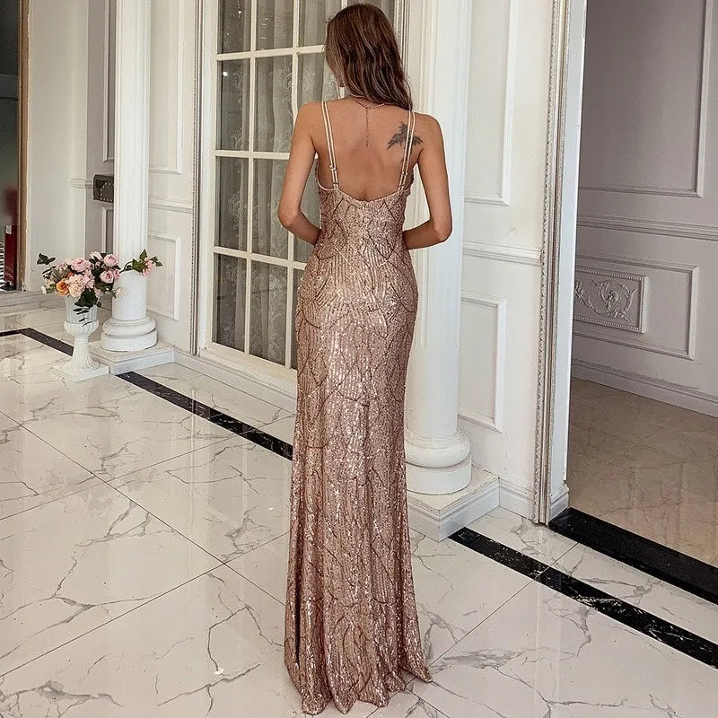 Women V neck sequin spaghetti strap maxi dress in gold with floor-length cut
