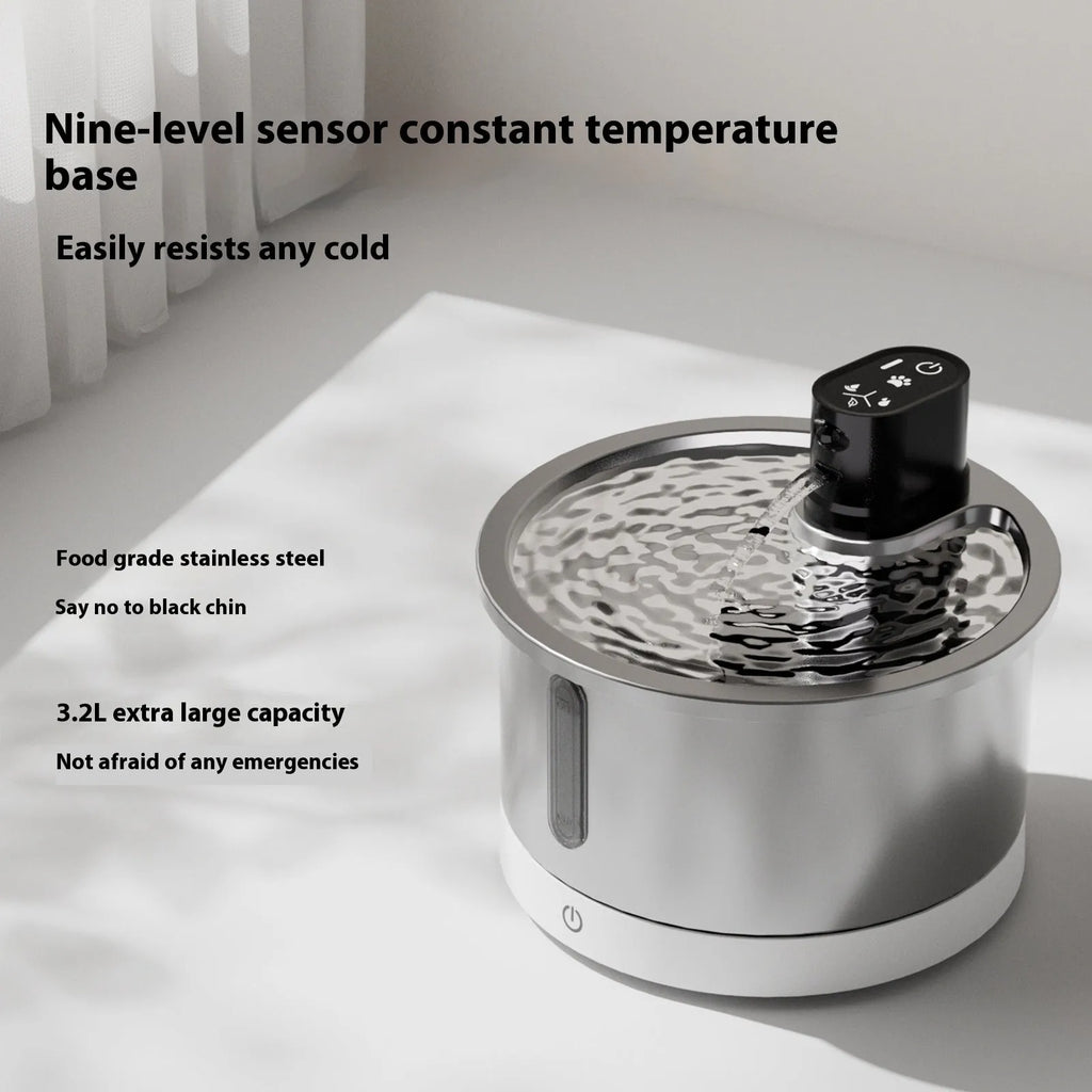 Stainless steel pet water fountain with constant temperature heating base in black colour