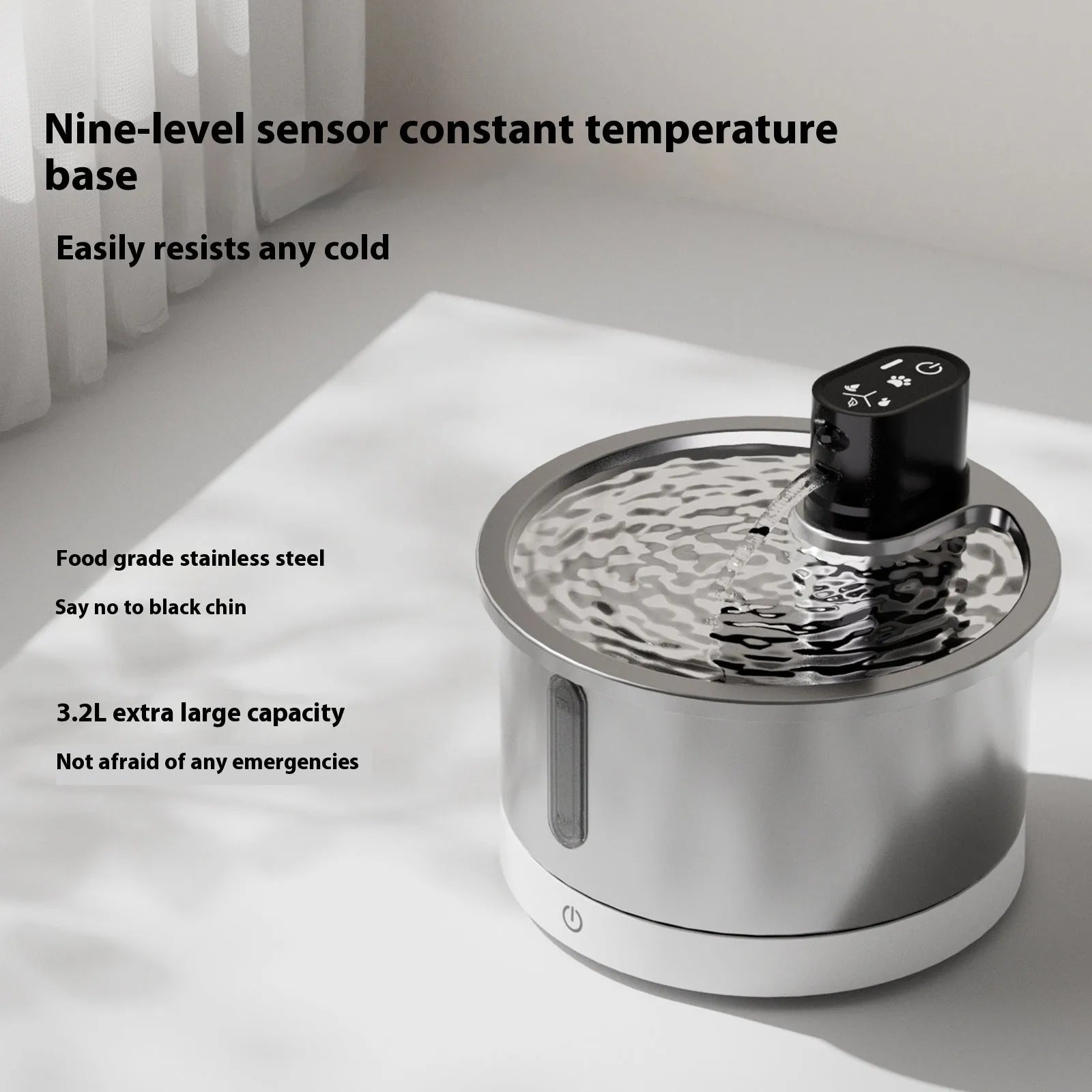 Stainless steel pet water fountain with constant temperature heating base in black colour