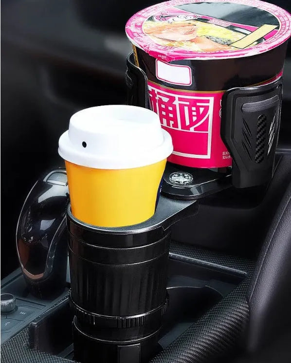 Black carbon fibre adjustable car cup holder with retractable base on a 6.5-10 cm range.