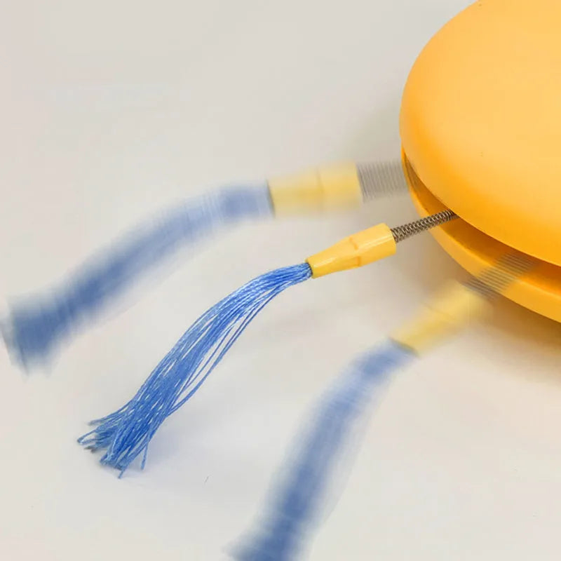 Electric robot cat toy with USB charging, feather stick, and laser in blue grey and yellow