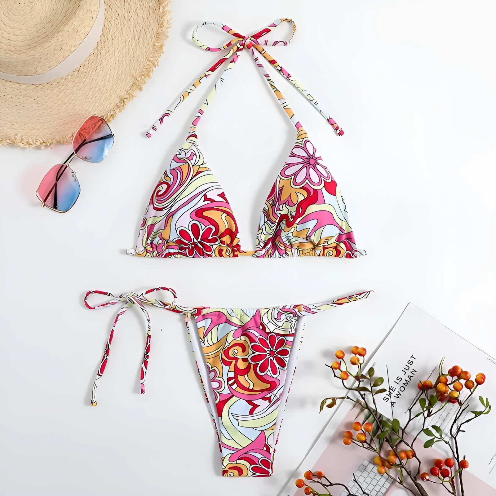 Women's triangle printed bikini set with hanging neck design in multicolour pattern