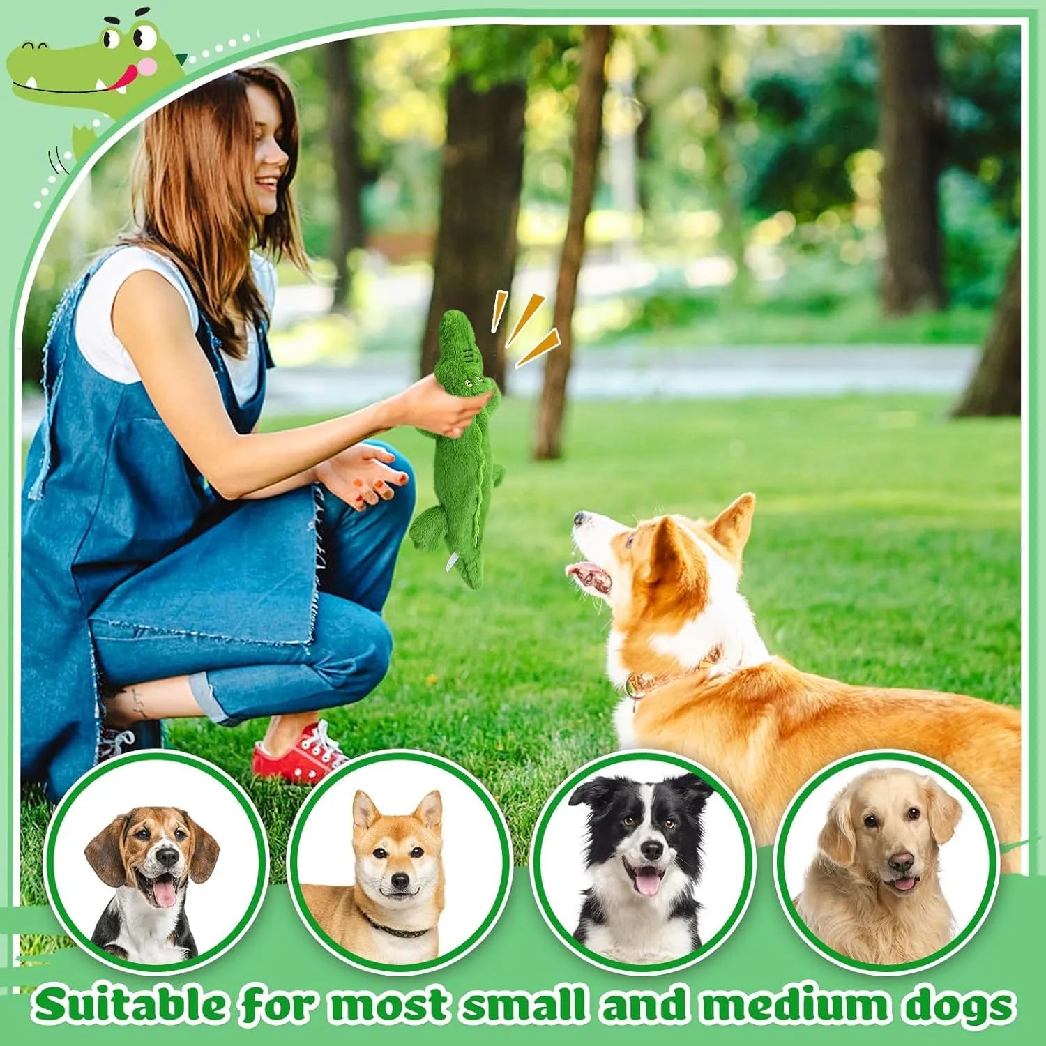 Green crocodile-shaped plush dog toy with no stuffing, squeaker in head and crinkle paper in tail
