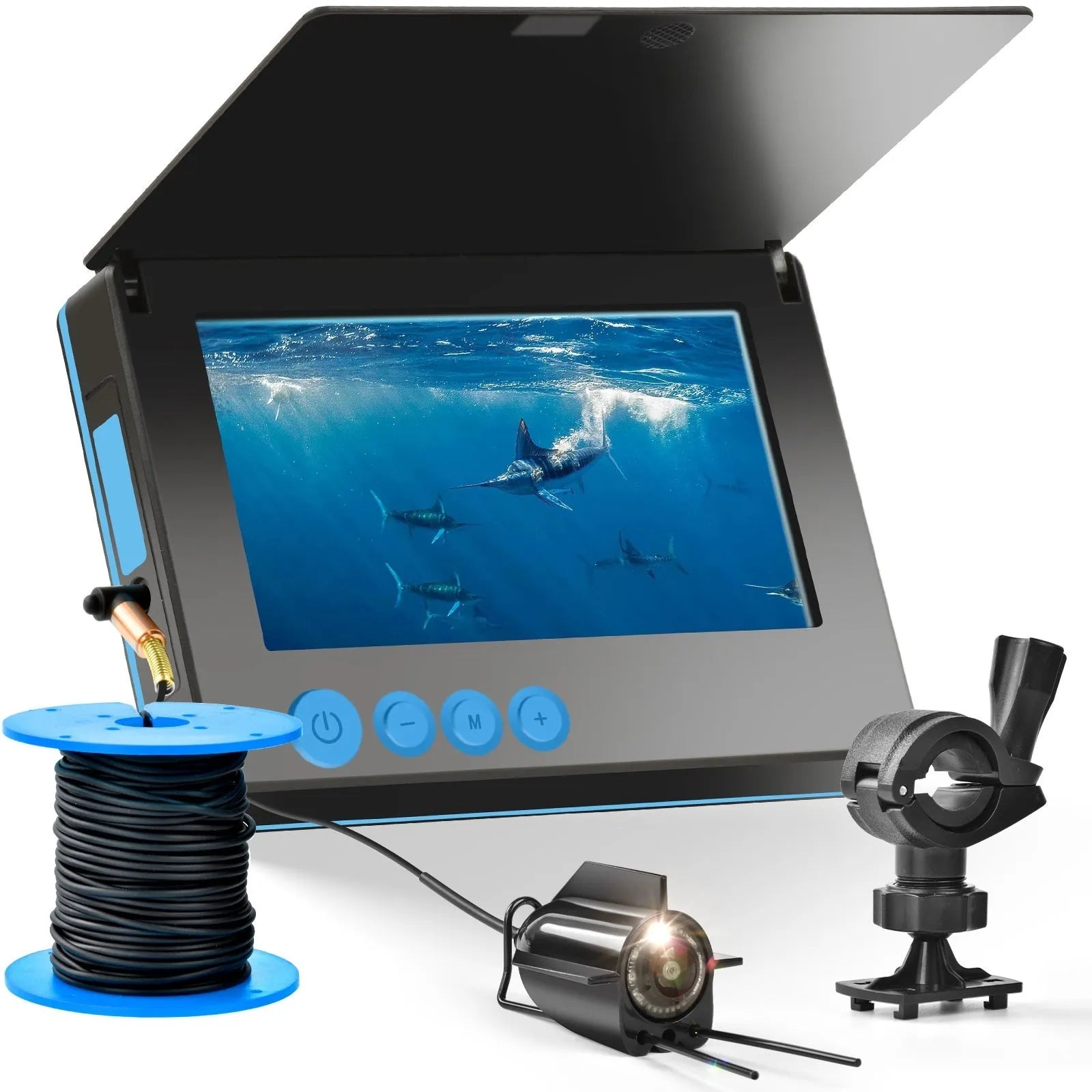 Underwater fish finder camera with 4.3-inch screen showing HD view of fish and temperature reading