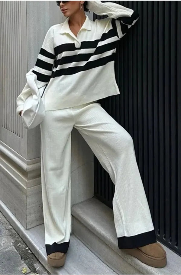 Women's black and white striped polo collar knitted shirt with matching trousers two-piece set