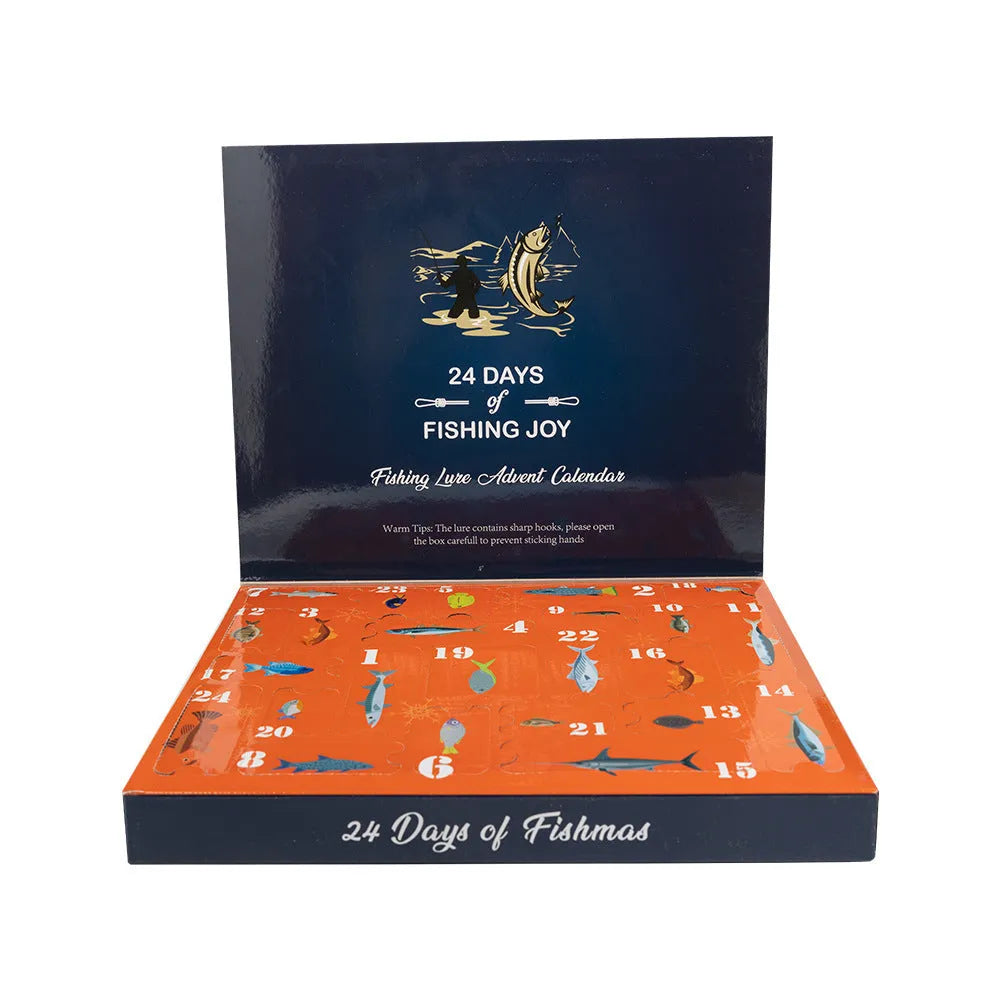 24-piece Mino Bog fishing blind box set with metal tackle components in Christmas packaging