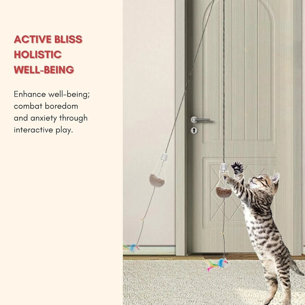 Grey and yellow interactive cat toy with swinging mouse, sound response, and treat dispenser on retractable cord