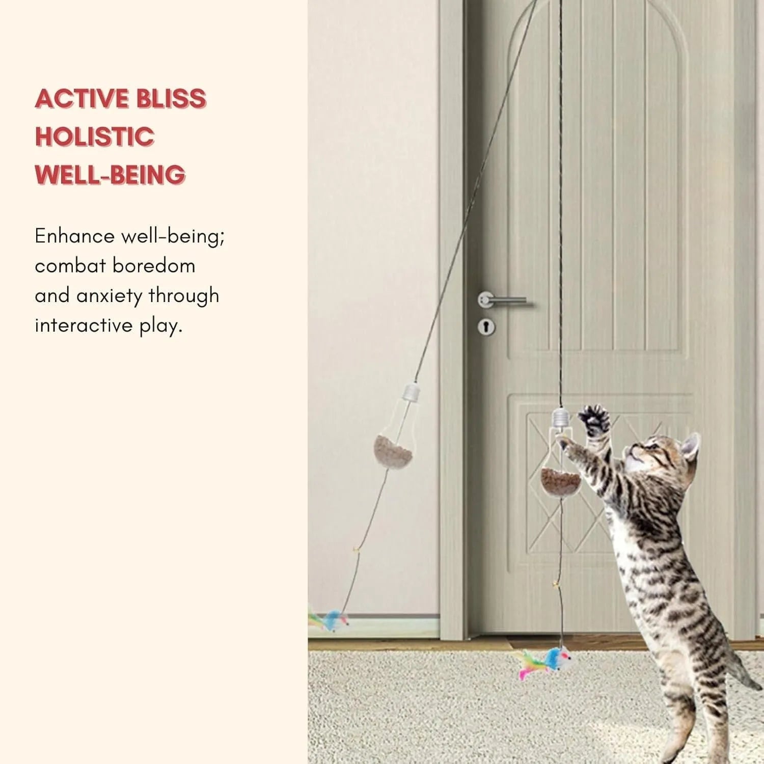 Grey and yellow interactive cat toy with swinging mouse, sound response, and treat dispenser on retractable cord
