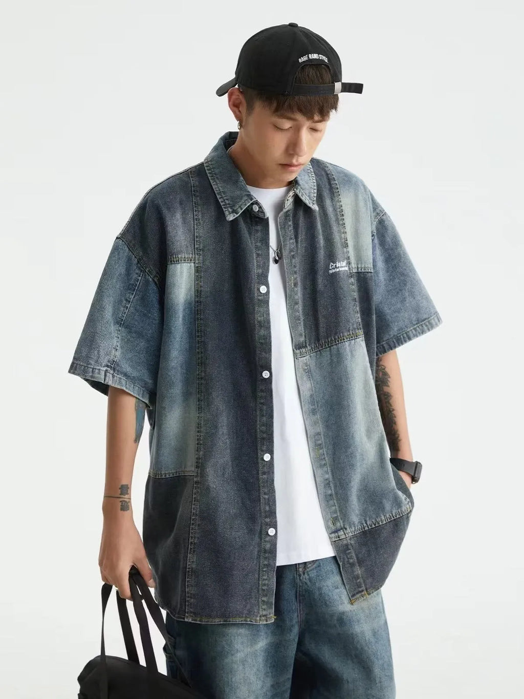 Men's blue Japanese-style retro washed denim shirt with loose cardigan fit and classic stitching detail