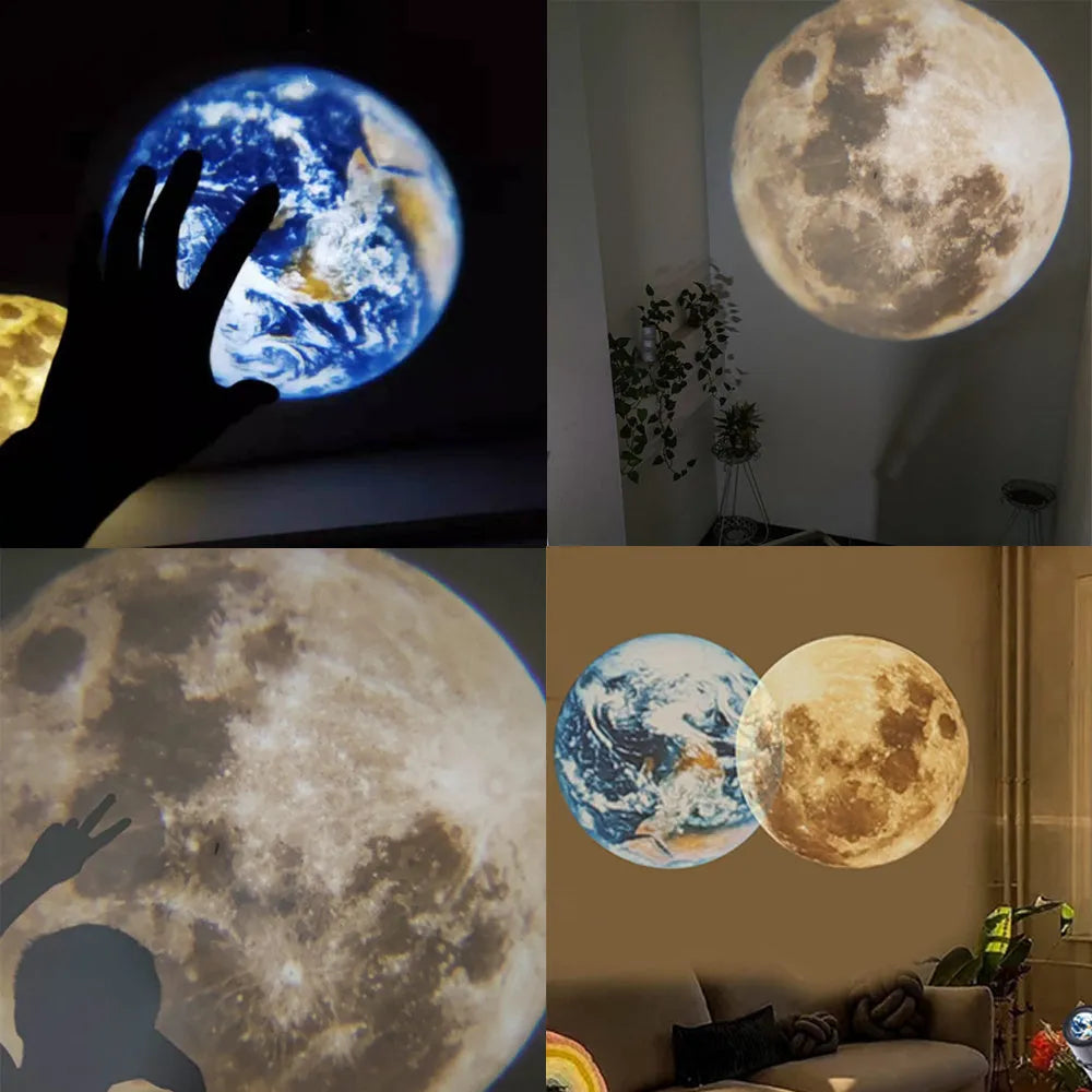 Earth and Moon projection lamp with adjustable metal hose bracket on a wooden table.
