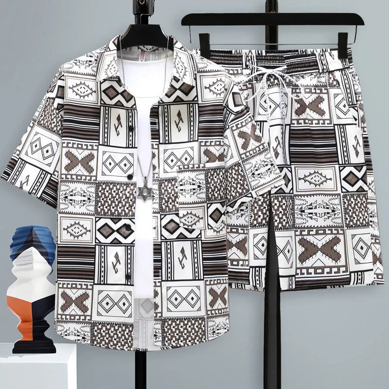 Men's casual sports two-piece set with short sleeve top and matching shorts in polyester fibre