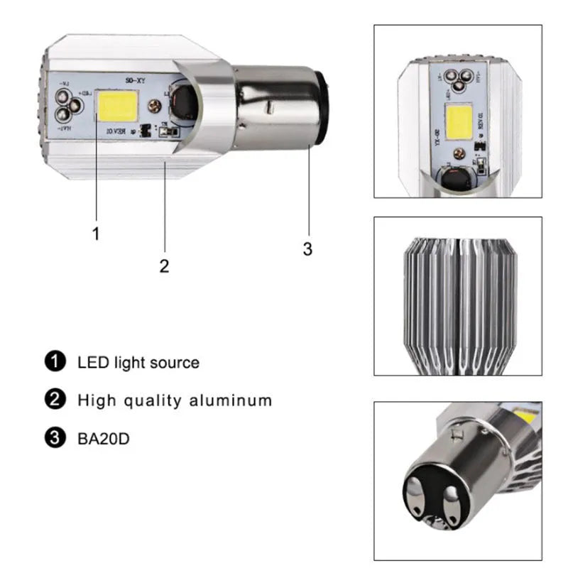 Motorcycle LED headlight unit with aluminium housing for BA20D and H4 fittings