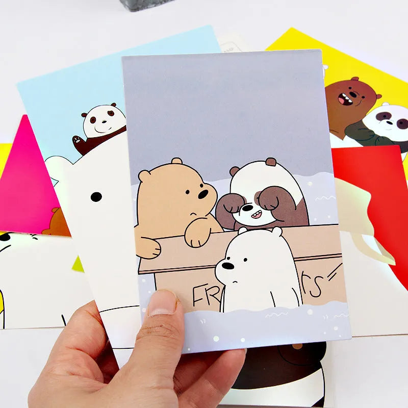 Set of nine Japanese minimalist cartoon postcards showing retro illustrations of the Paris Tower and other historic buildings.