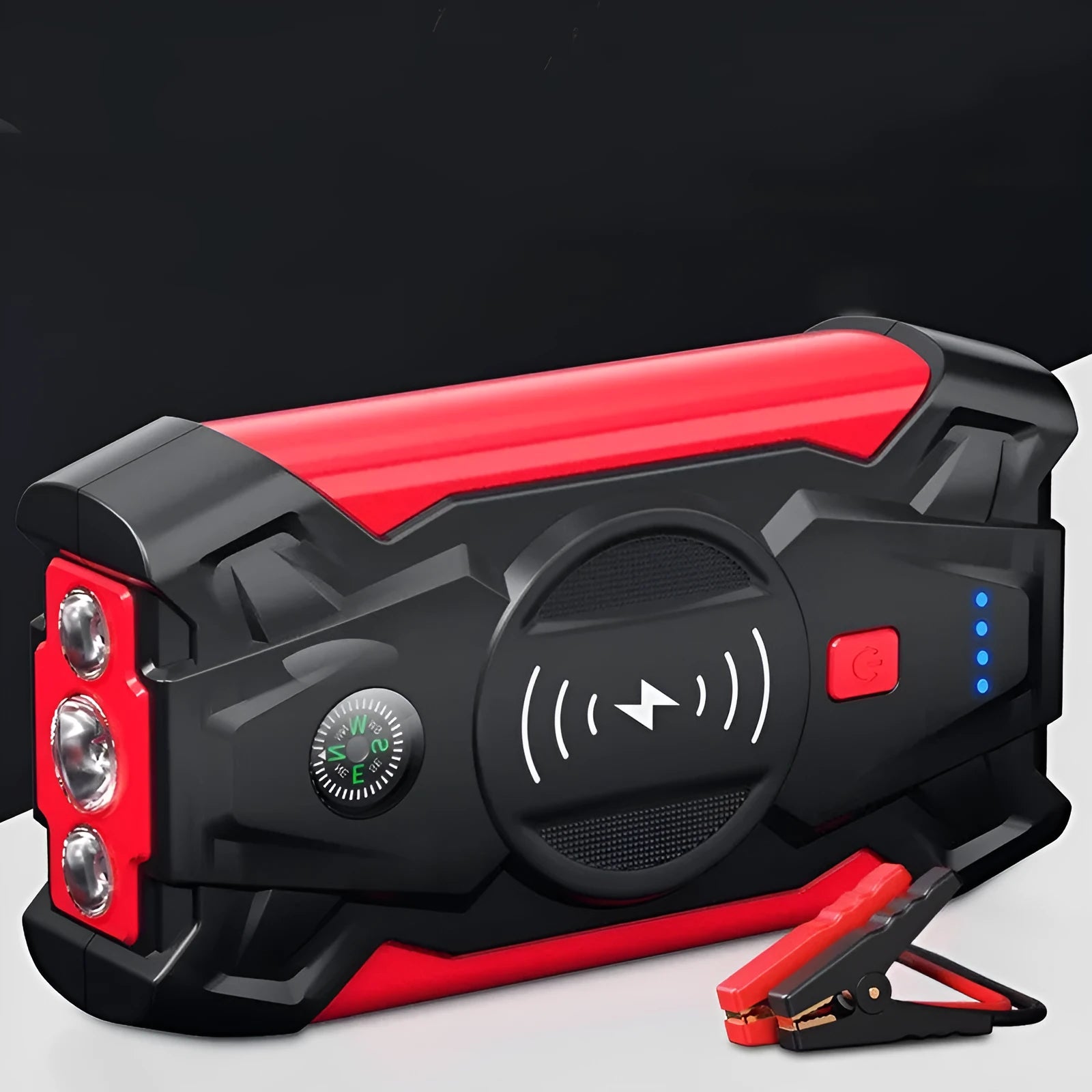Red car emergency start power device with digital display showing 39800W output for vehicle jump starting