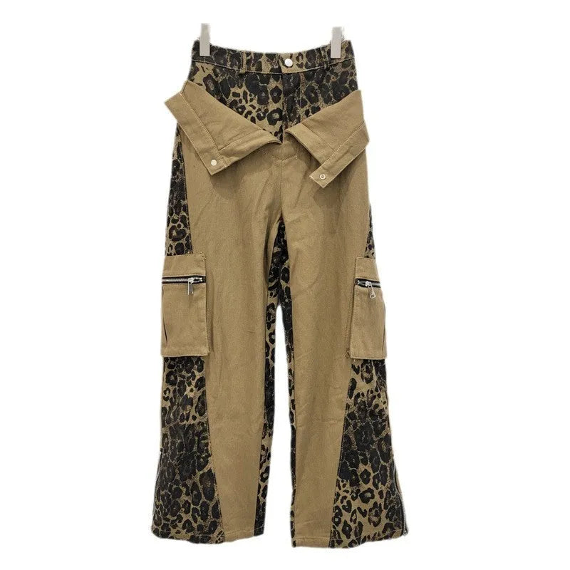 Dark khaki leopard print high waist straight-leg jeans with contrast colour fake stitching detail