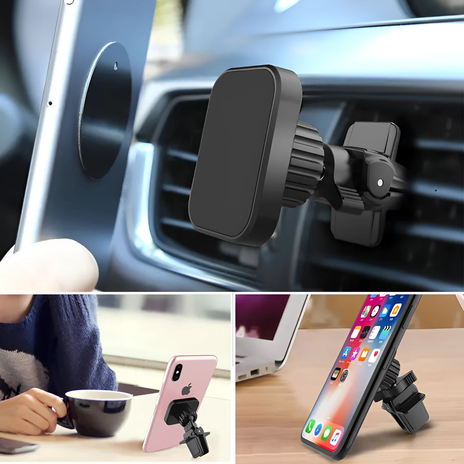 Black magnetic car phone holder mounted on vehicle air conditioning vent