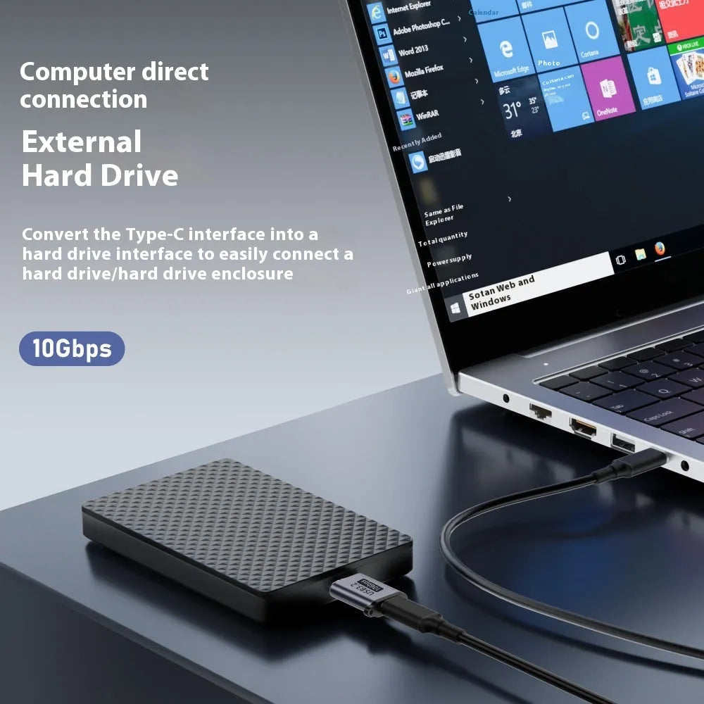 Micro B USB adapter for connecting to hard drives and phones, showing Type-C and USB port options.