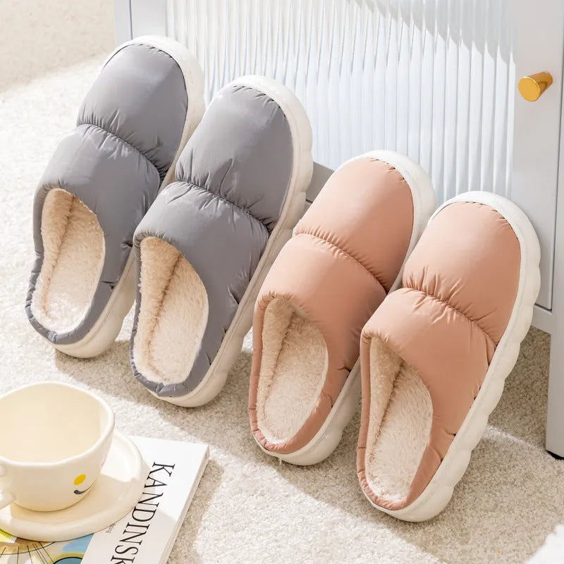 Down cotton slippers with artificial leather upper and thick rubber soles in multiple colour options