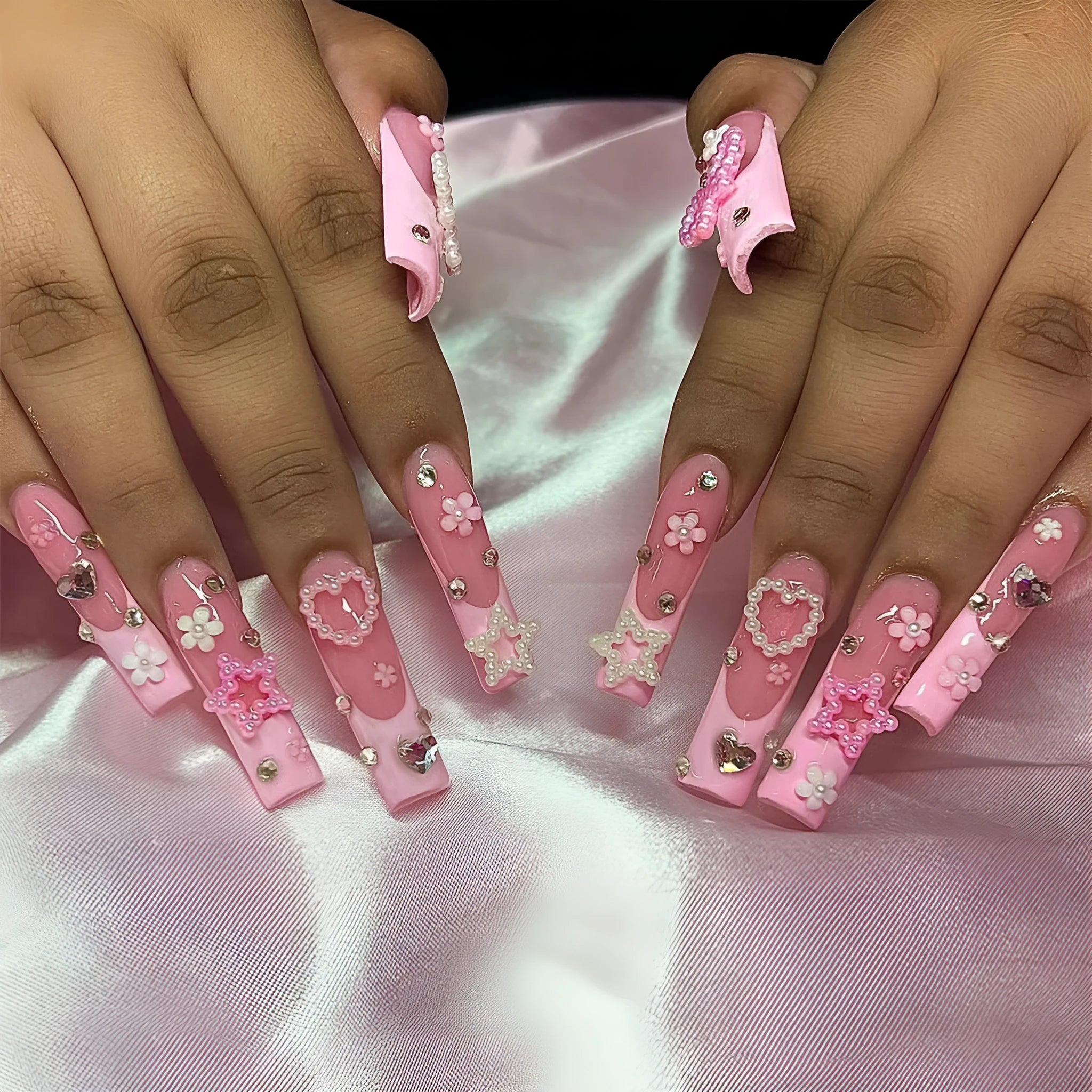 Super long water pipe French spot drill bow wear nails in XB-70-48 colour with love pattern design