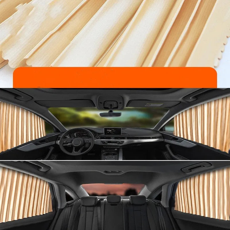 Auto-retractable roller shutter car sunshade curtain in thick opaque cloth.