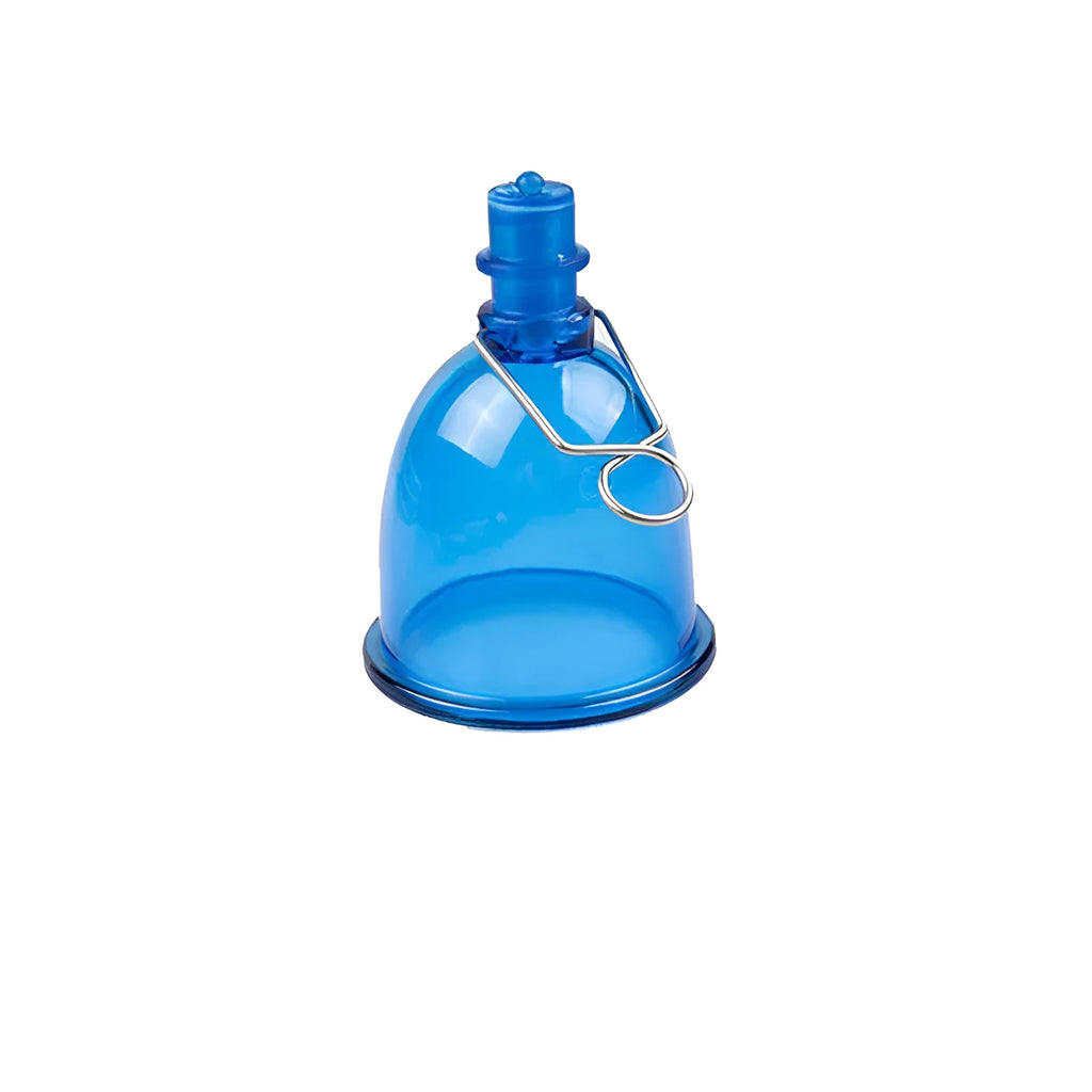Blue silicone male masturbator cup shown in small, medium, and large size options
