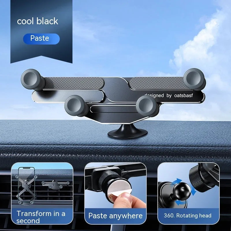 Aluminium alloy car mobile phone holder showing both knob air vent mount and adhesive dashboard mount versions in black, silver, and grey colours