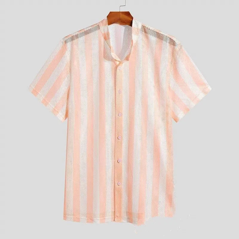 Pink loose fitting men's summer cardigan shirt with waffle cool fabric short sleeves