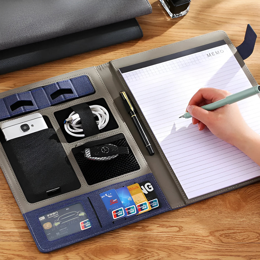 Leather A4 business folder in black, grey or blue with notepad and pen accessory options