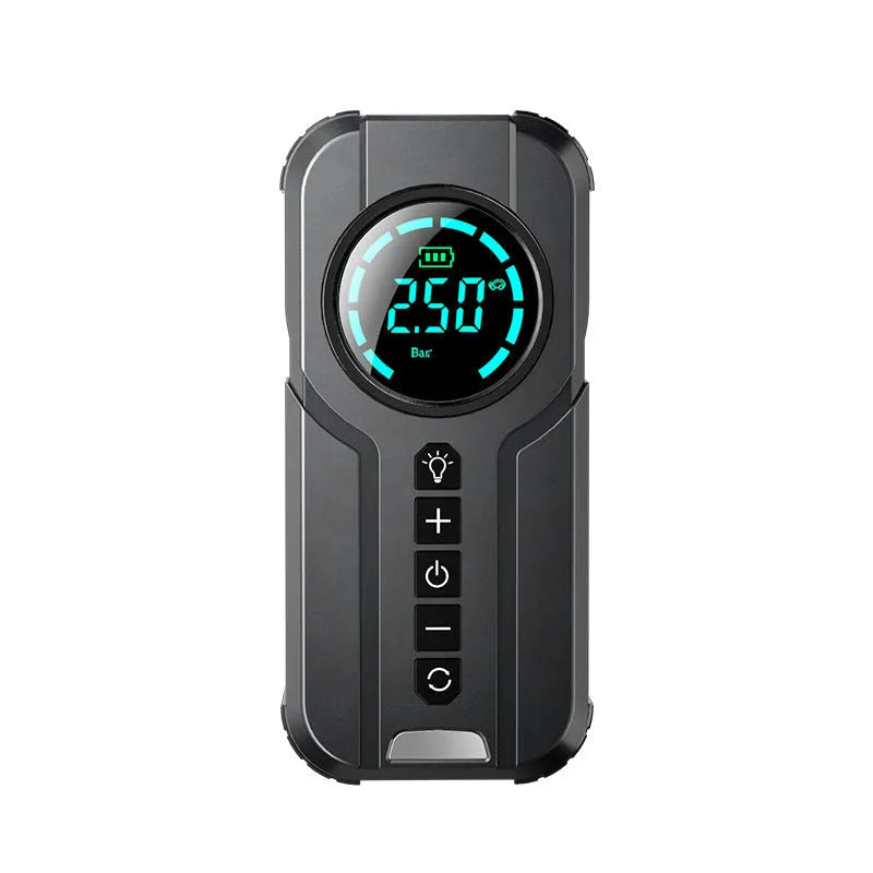 Wireless portable car air pump with LCD display, 6000mAh battery, and multiple nozzle attachments
