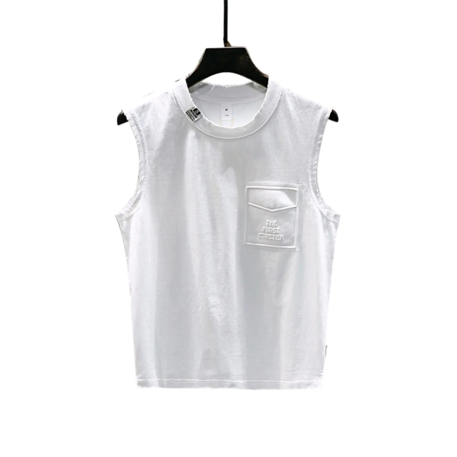 A man's solid colour loose-fit cotton sleeveless t-shirt with a straight hem.