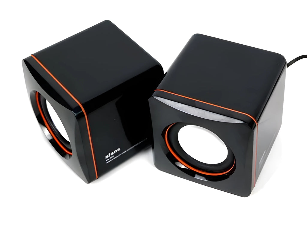 Black square USB-powered 2.0 channel computer speaker for desktop audio enhancement