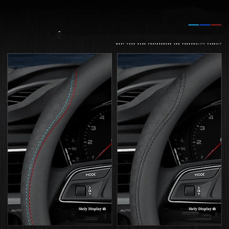 Black universal car steering wheel cover with two-colour line and Napa leather texture, 38cm diameter for Suzuki vehicles