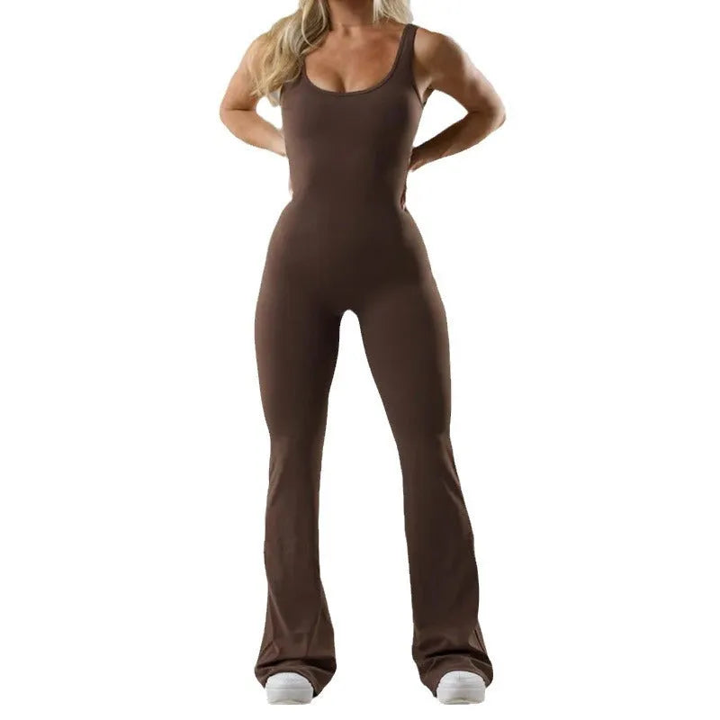 Womens tight yoga bodysuit with seamless hollow design and built-in chest pad in polyester milk silk fabric