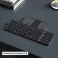 Black folding Bluetooth keyboard for mobile phones and tablets, shown both open and closed.