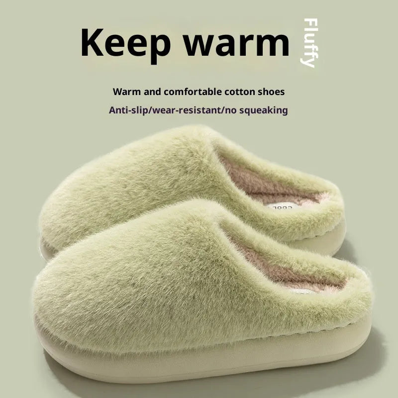 Non-slip Winter Insulated Cotton-padded Shoes for Couples Men's Warm Plush House Slippers with Artificial Wool Lining in Beige Green Pink Gray Khaki Sizes 36 to 45 Flat Heel Round Toe Wear-Resistant Outdoor Indoor Use