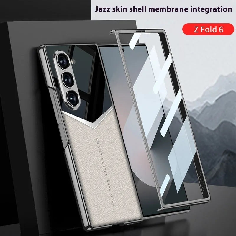 Electroplating plain leather phone case for Samsung Z Fold in black with hard shell