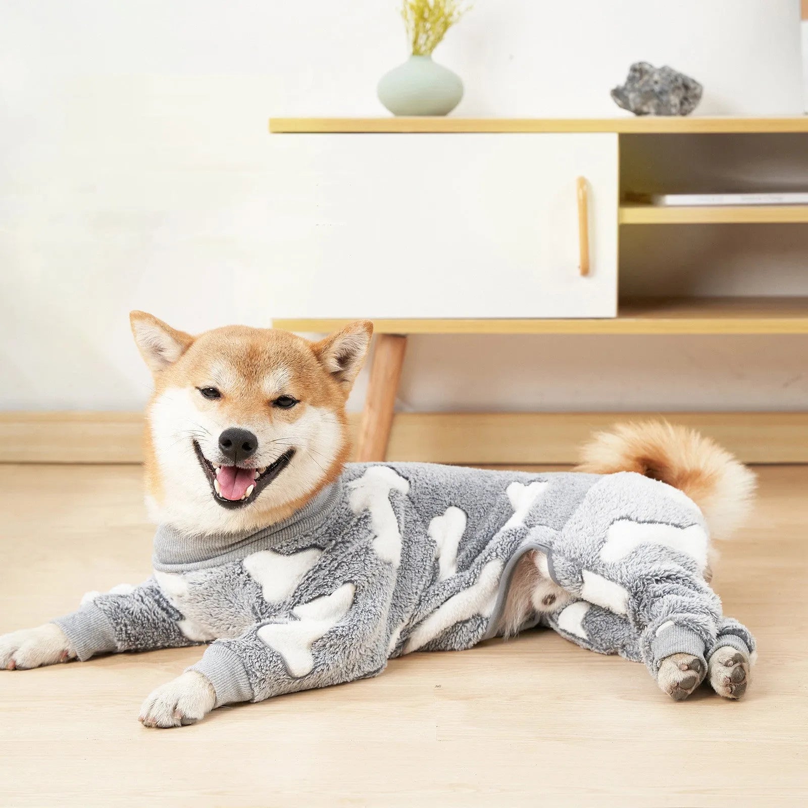 Winter flannel dog pajamas in bone grey colour, sizing from XS to XXXL for small to large dogs