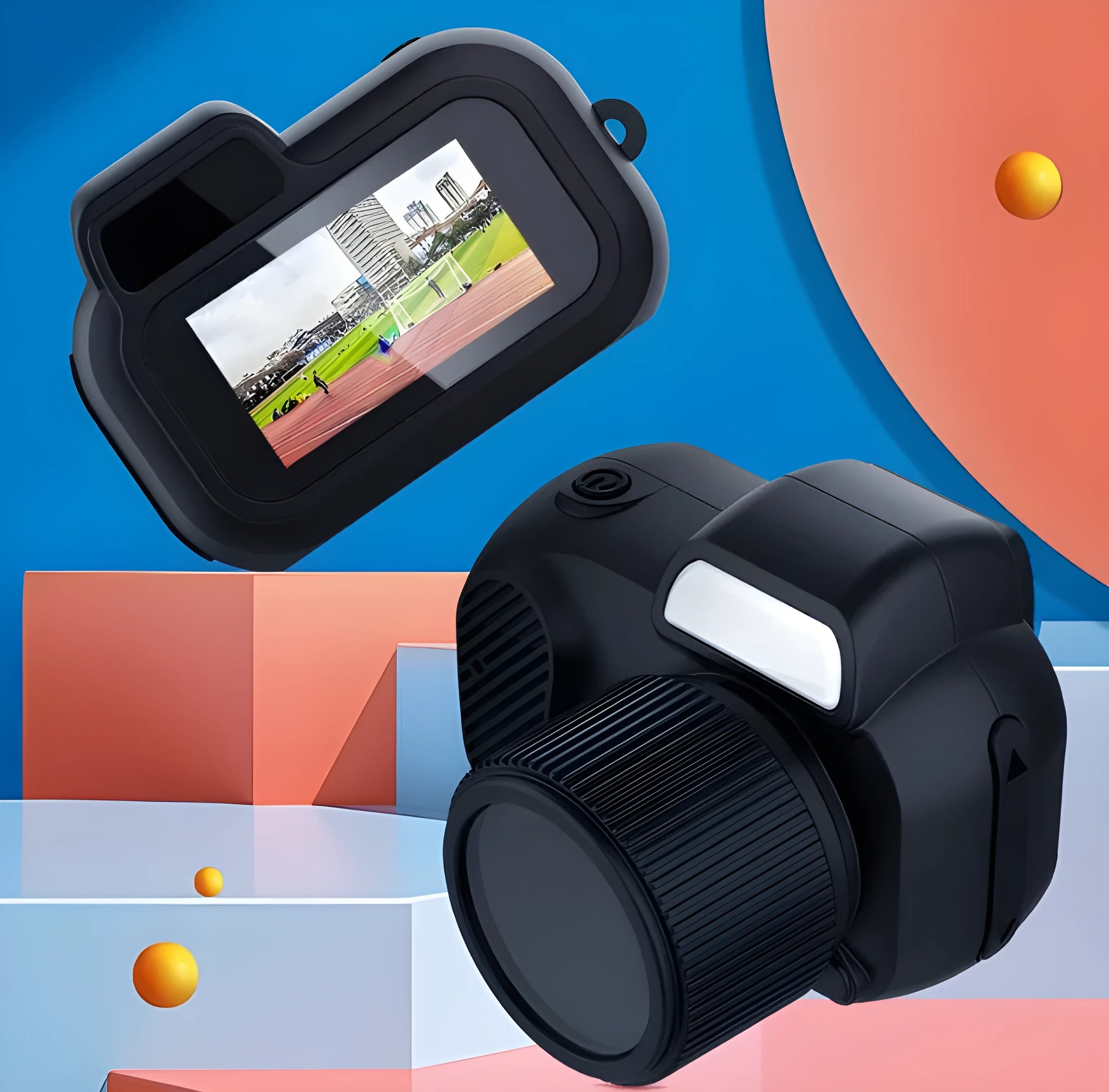 Black Y3000 HD outdoor sports camera with small LCD screen, shown next to optional memory cards.