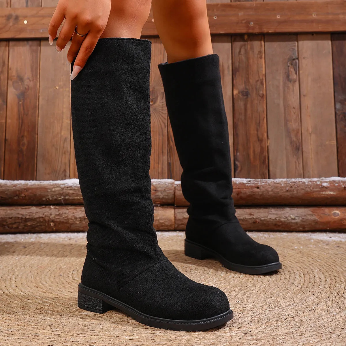 Women's cow suede high leg boots with chunky heel, below the knee, available in multiple colours, side view