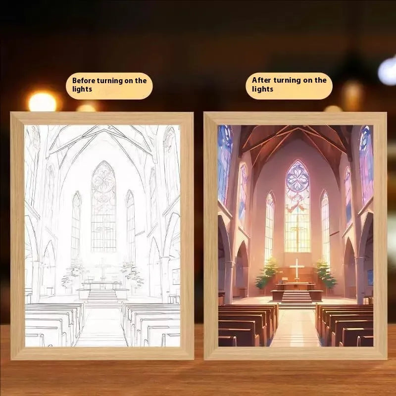 Rectangular LED light painting photo frame showing biblical scene illustration with gentle illumination