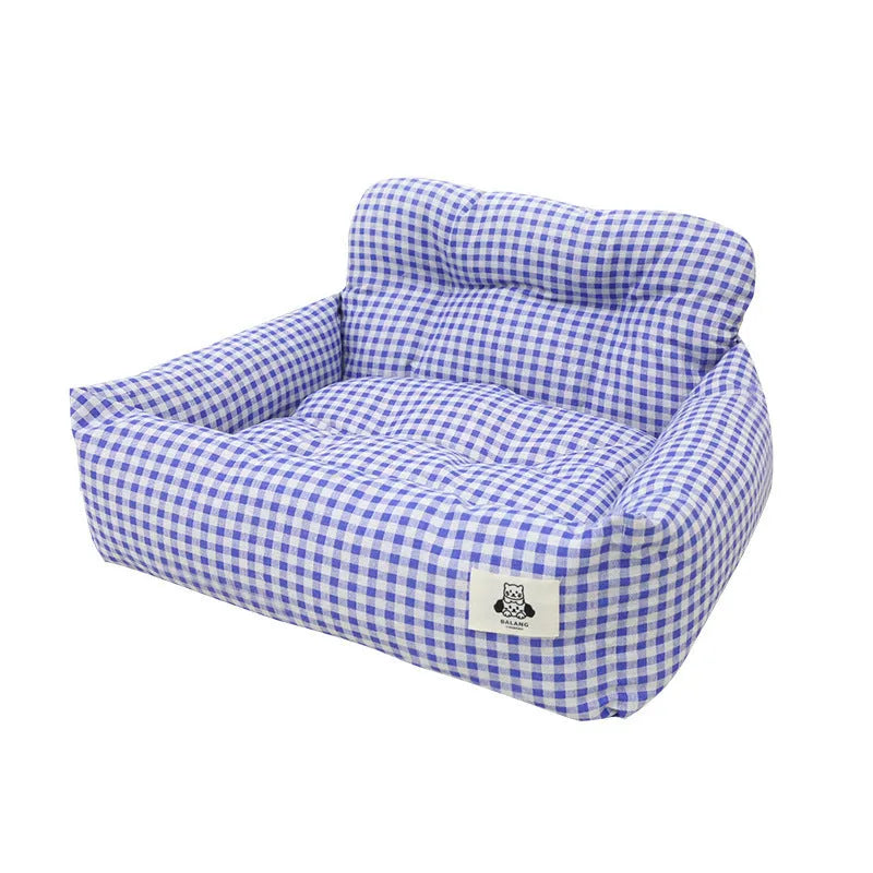 Blue plaid and grey cloth pet travel nests for cars in small and large sizes.